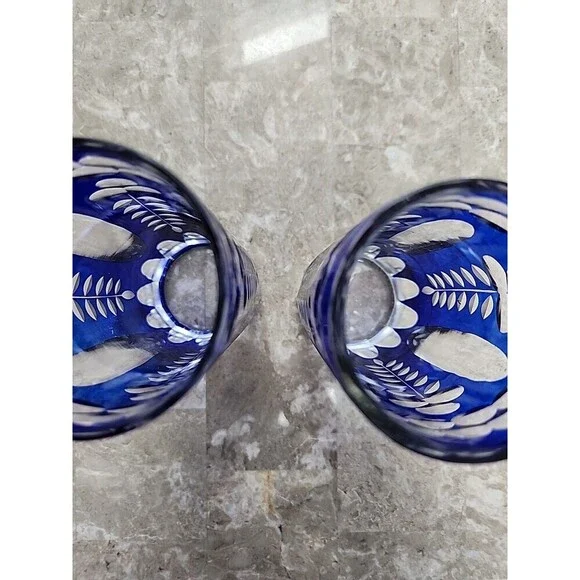 Cobalt Blue Bohemiun Crystal Vases, Pair 6" Tall - Picture 4 of 4